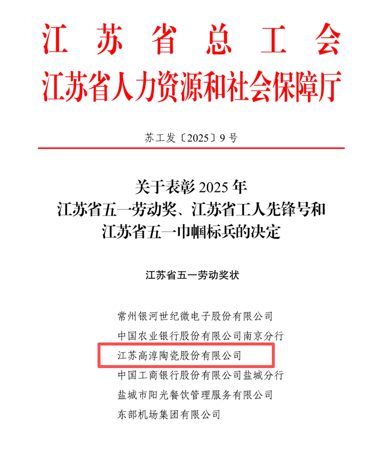 诚信开拓 团结奋进丨高淳陶瓷荣获“江苏省五一劳动奖”